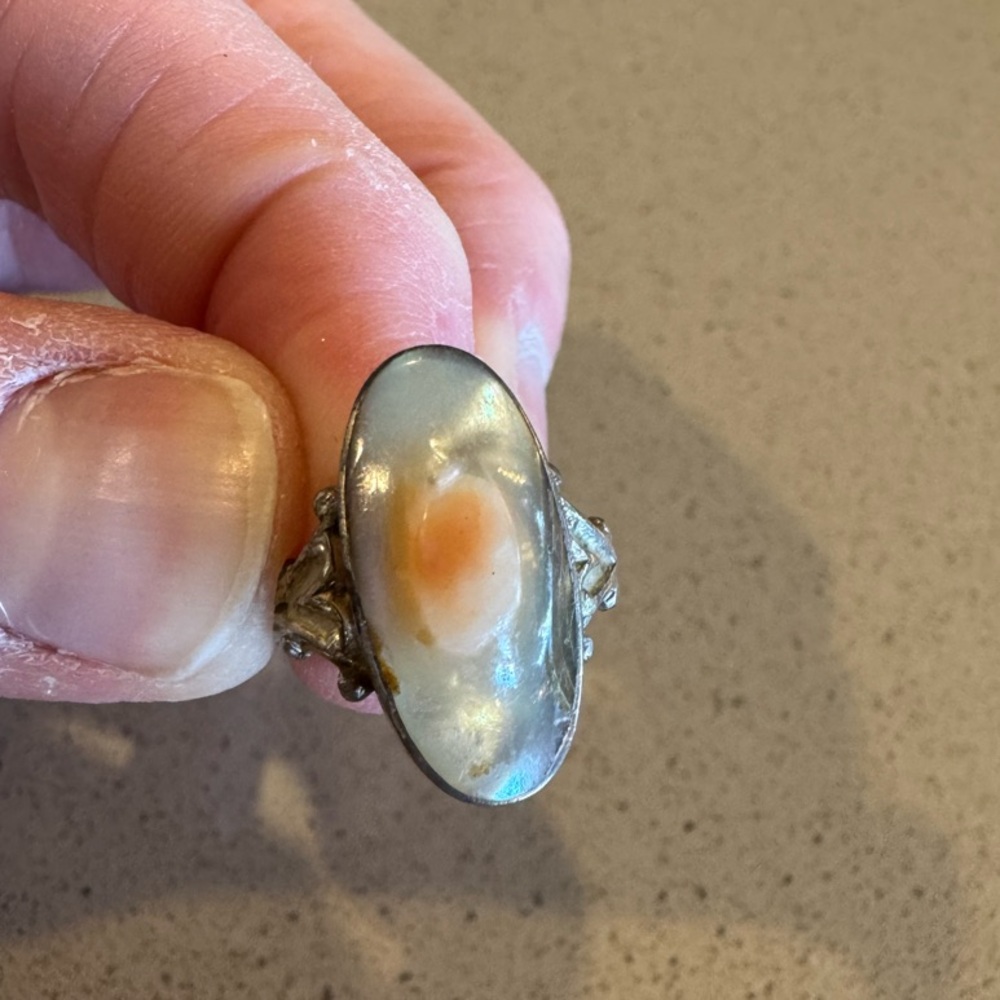 Silver and Cream Oval Pearl Ring with Bezel Setting